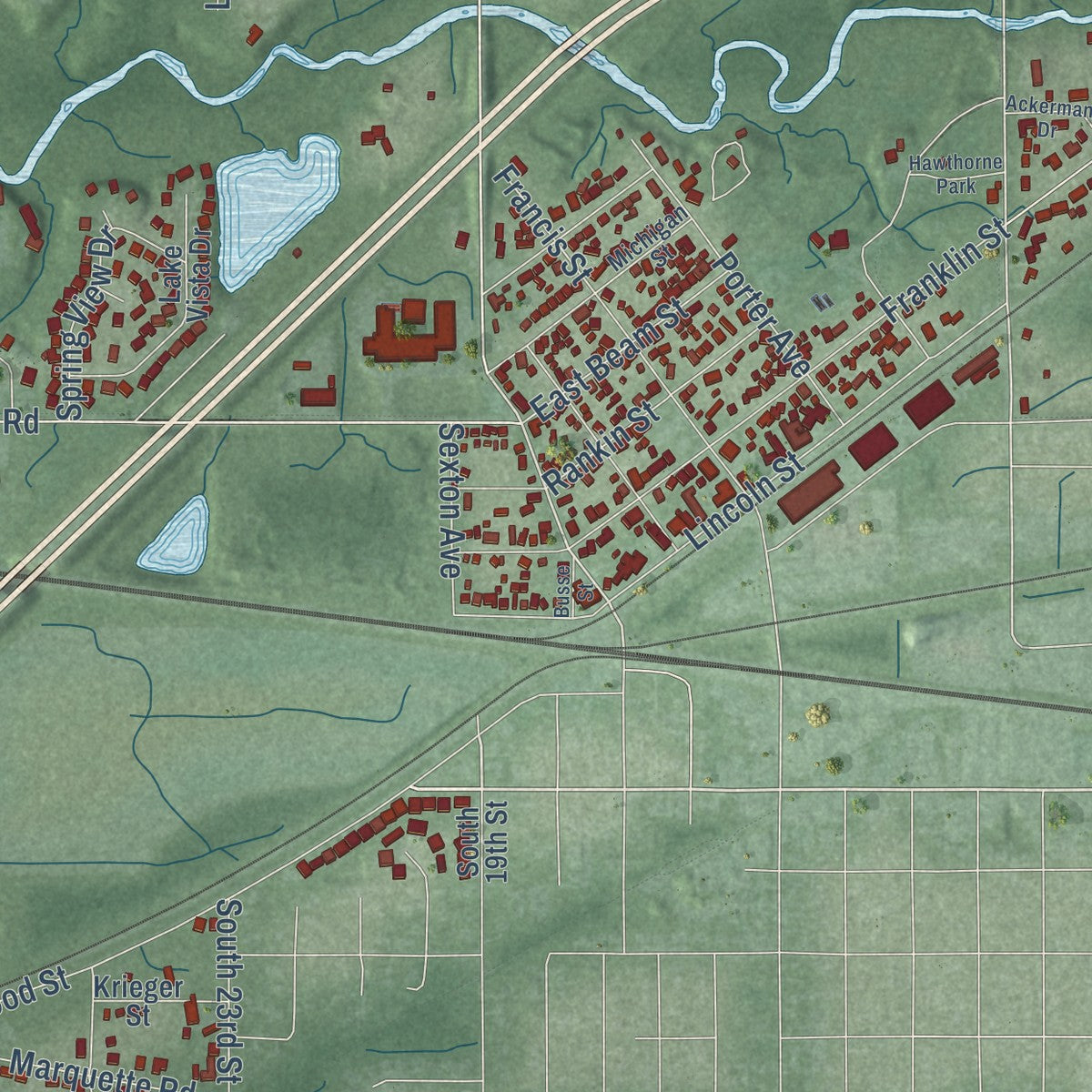 Close-up of the map of Porter, Indiana print showing street and building detail