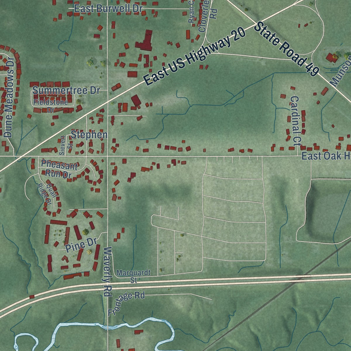 Second close-up of the map of Porter, Indiana print showing more streets and buildings