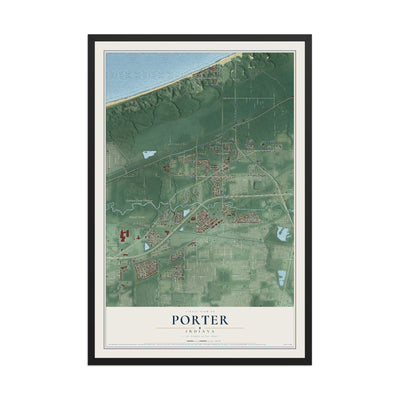 Map of Porter, Indiana, 12 x 18 inch print in a black wood frame