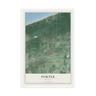Map of Porter, Indiana, 12 x 18 inch print in a white wood frame