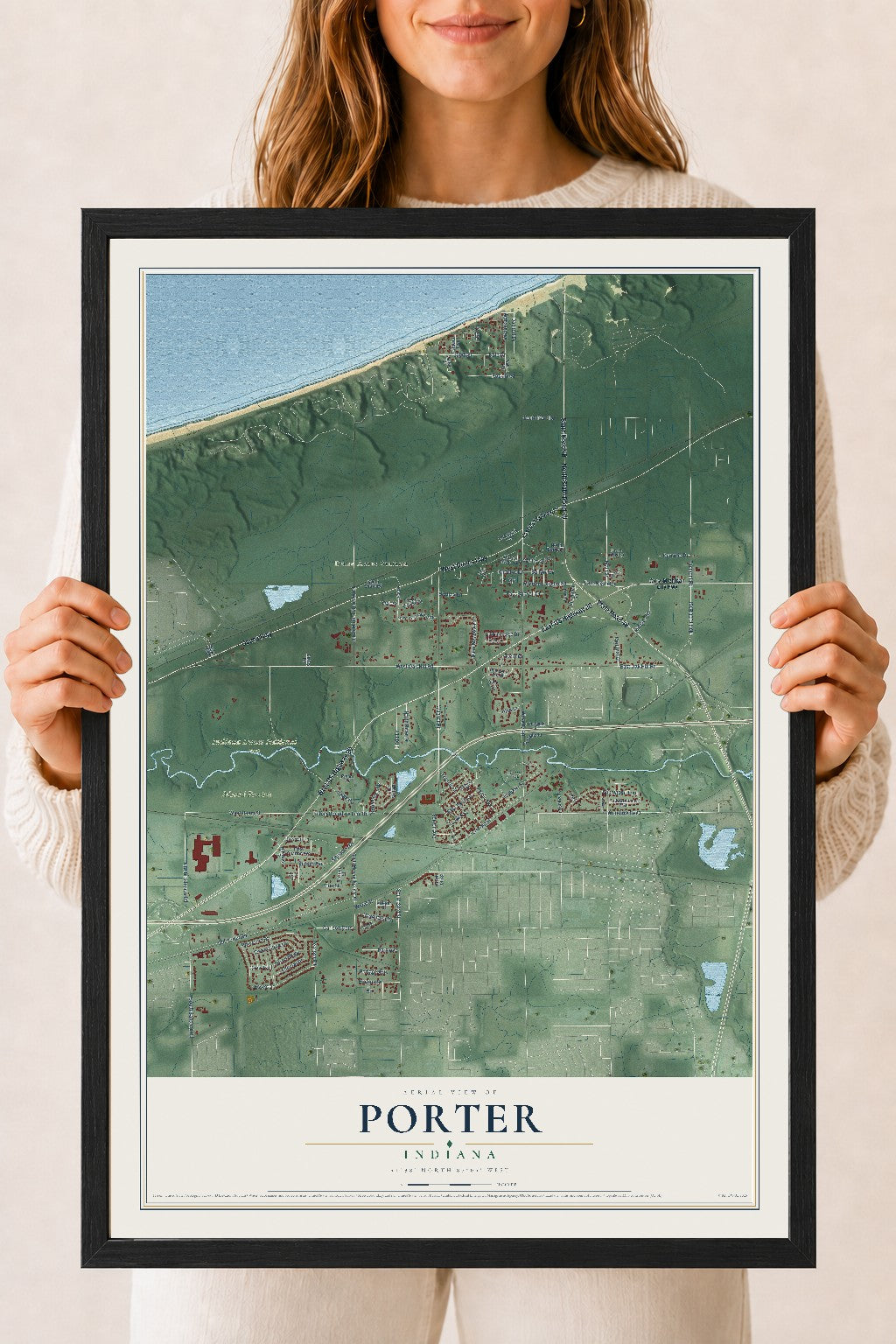 Map of Porter, Indiana, 18 x 24 inch print in a black wood frame