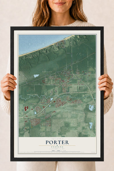 Map of Porter, Indiana, 18 x 24 inch print in a black wood frame