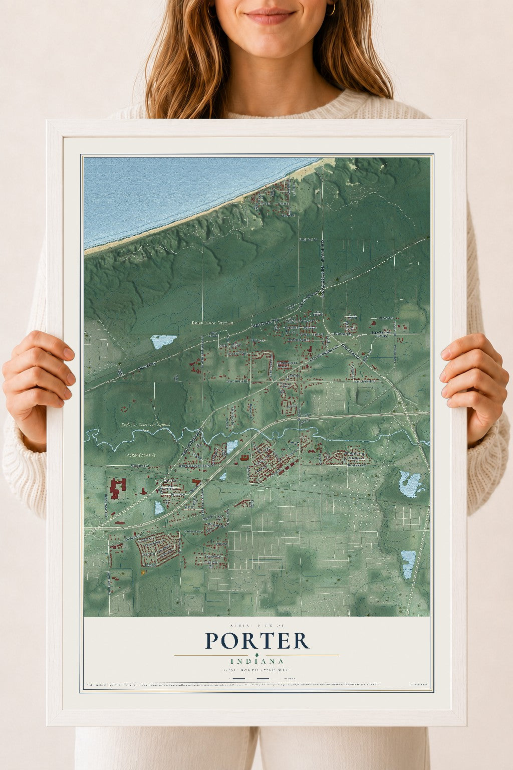Map of Porter, Indiana, 18 x 24 inch print in a white wood frame