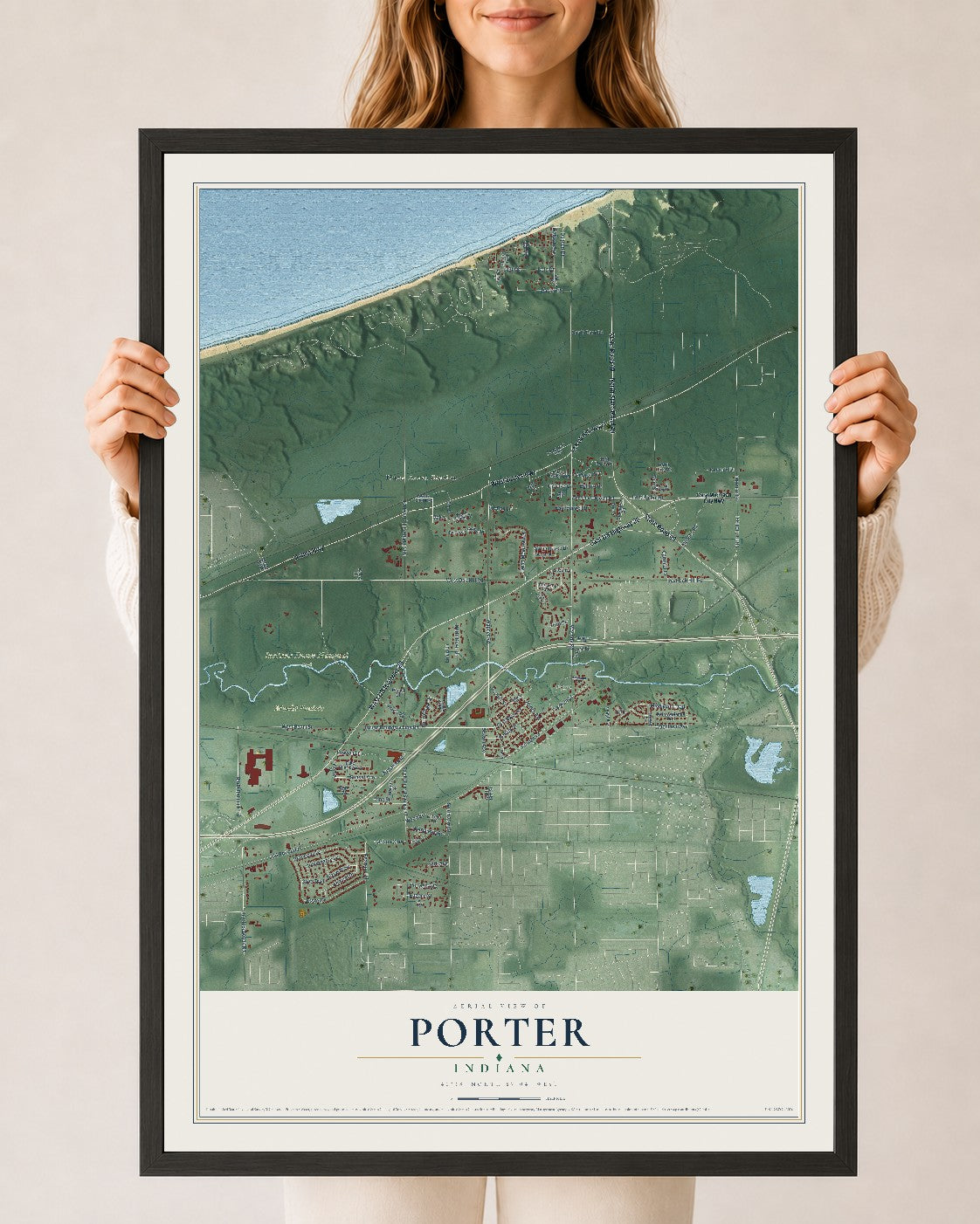 Map of Porter, Indiana, 24 x 36 inch print in a black wood frame