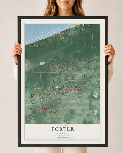 Map of Porter, Indiana, 24 x 36 inch print in a black wood frame