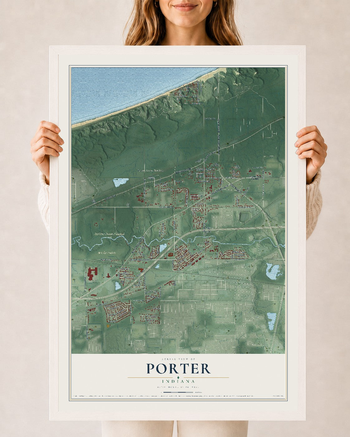 Map of Porter, Indiana, 24 x 36 inch print in a white wood frame