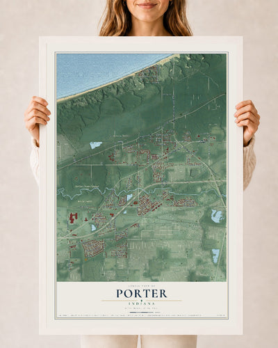 Map of Porter, Indiana, 24 x 36 inch print in a white wood frame