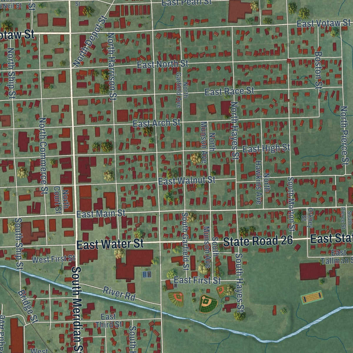 Close-up of the map of Portland, Indiana print showing street and building detail