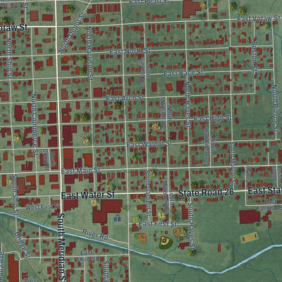 Close-up of the map of Portland, Indiana print showing street and building detail