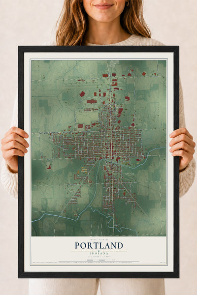 Map of Portland, Indiana, 18 x 24 inch print in a black wood frame