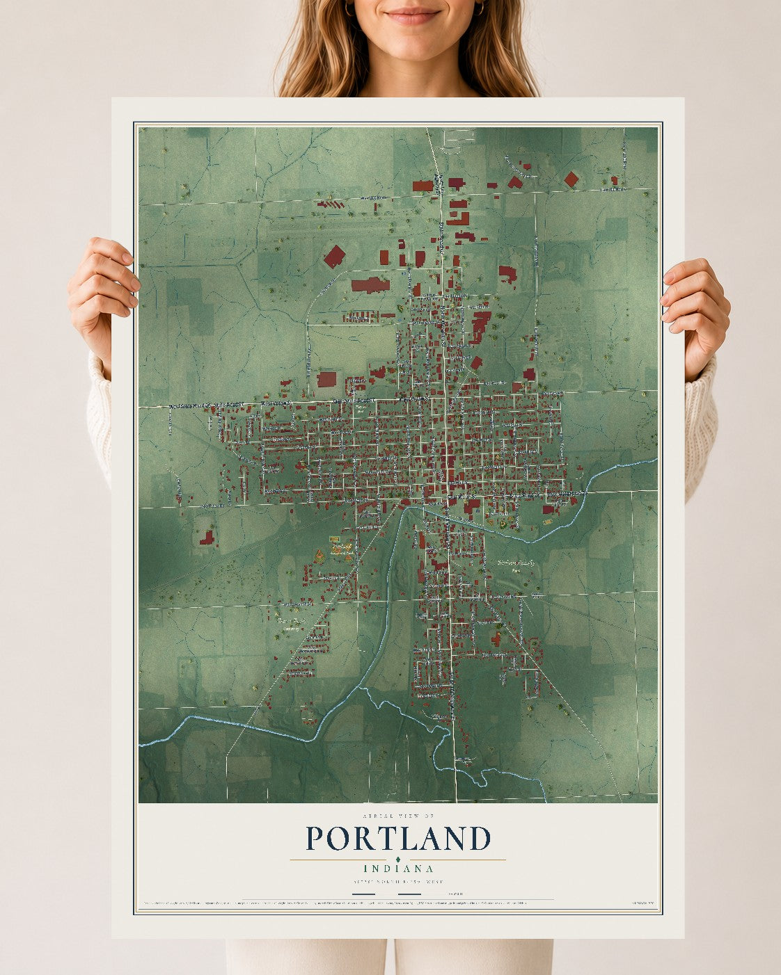 Map of Portland, Indiana, 24 x 36 inch unframed archival matte print