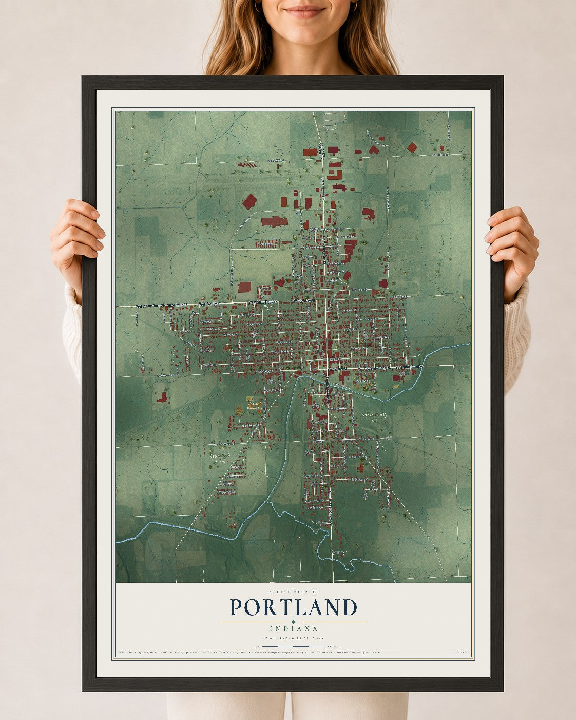 Map of Portland, Indiana, 24 x 36 inch print in a black wood frame