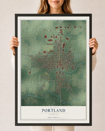 Map of Portland, Indiana, 24 x 36 inch print in a black wood frame