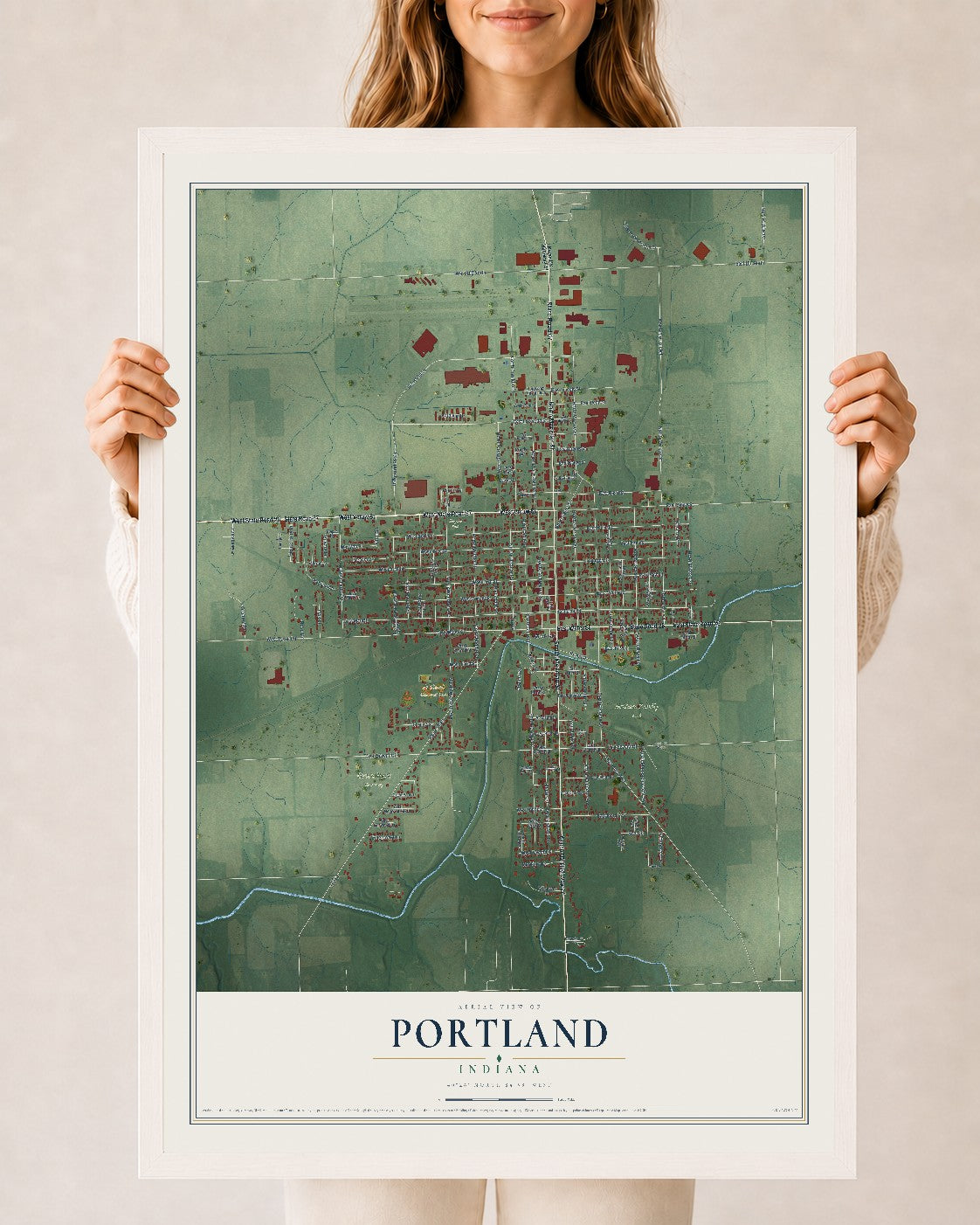 Map of Portland, Indiana, 24 x 36 inch print in a white wood frame