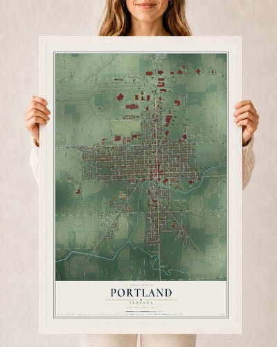 Map of Portland, Indiana, 24 x 36 inch print in a white wood frame