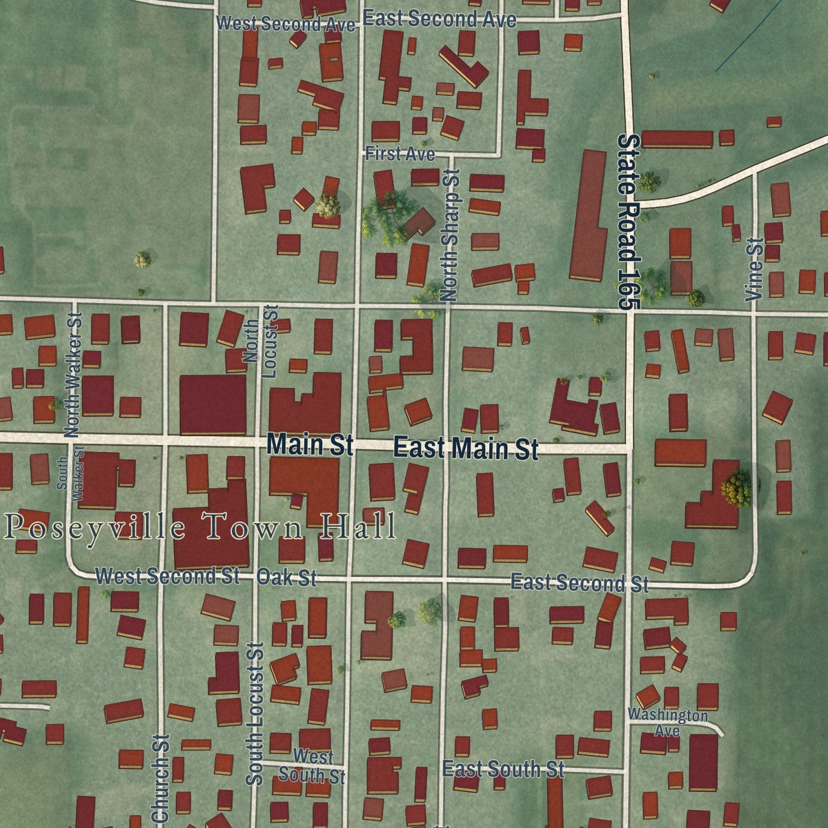 Close-up of the map of Poseyville, Indiana print showing street and building detail