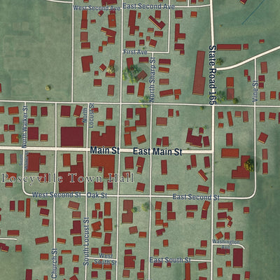 Close-up of the map of Poseyville, Indiana print showing street and building detail