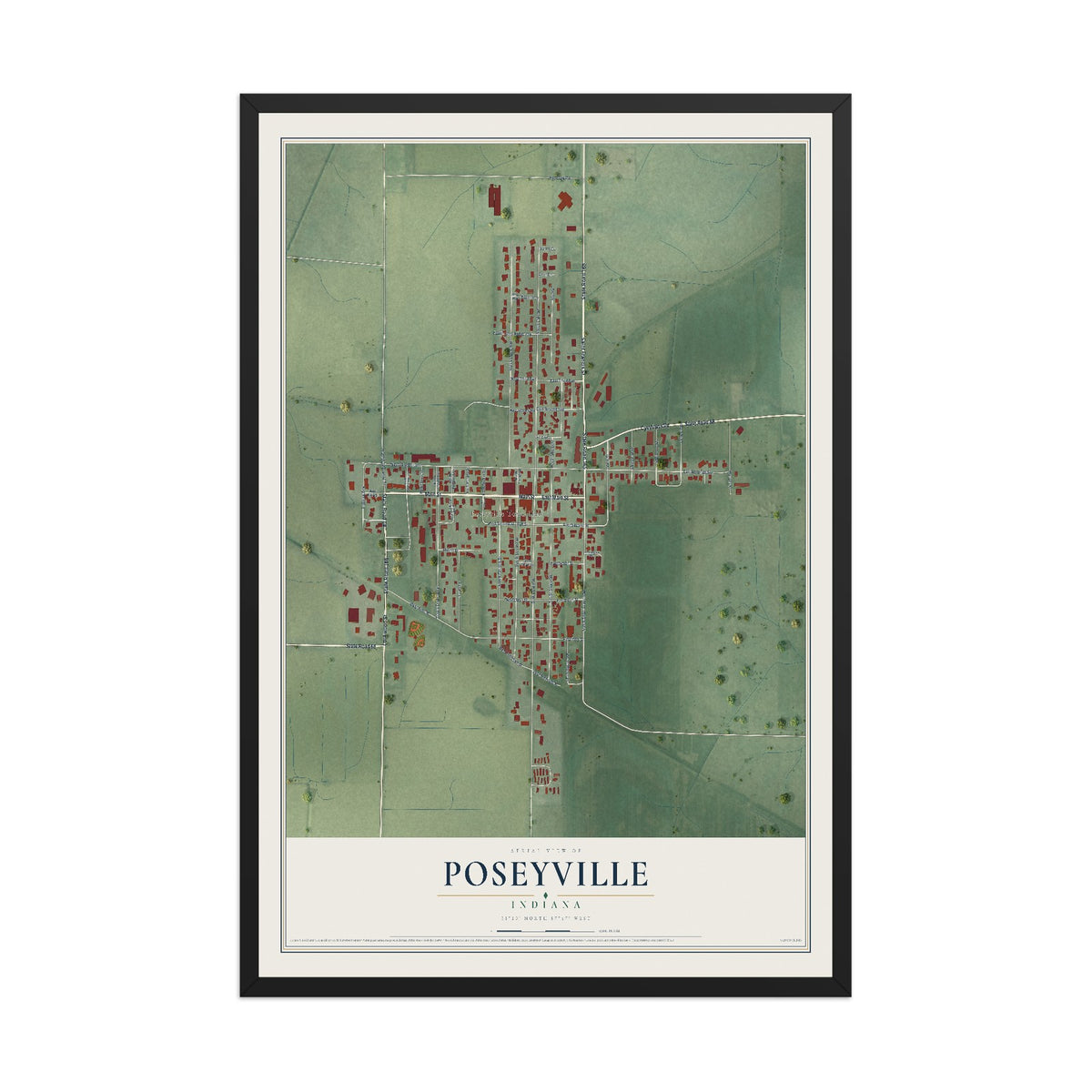 Map of Poseyville, Indiana, 12 x 18 inch print in a black wood frame