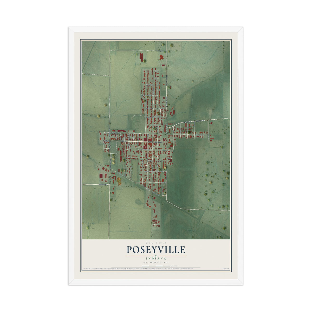 Map of Poseyville, Indiana, 12 x 18 inch print in a white wood frame
