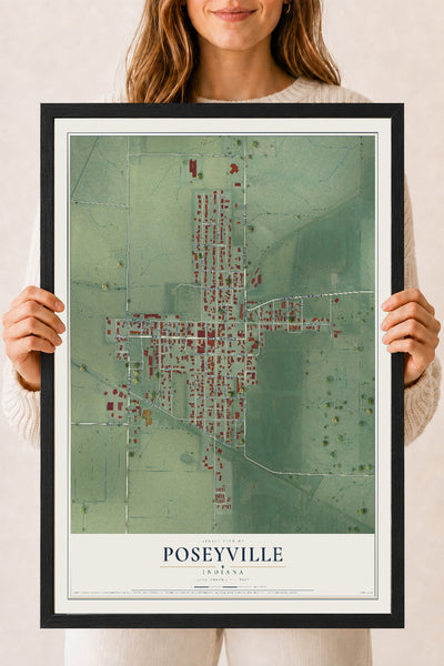 Map of Poseyville, Indiana, 18 x 24 inch print in a black wood frame
