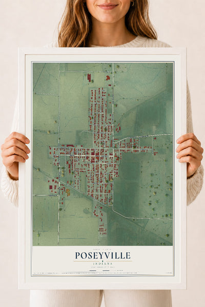 Map of Poseyville, Indiana, 18 x 24 inch print in a white wood frame