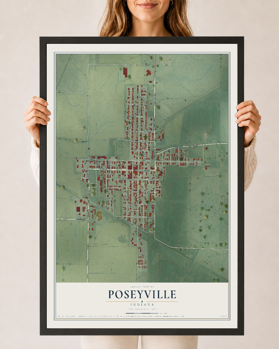 Map of Poseyville, Indiana, 24 x 36 inch print in a black wood frame