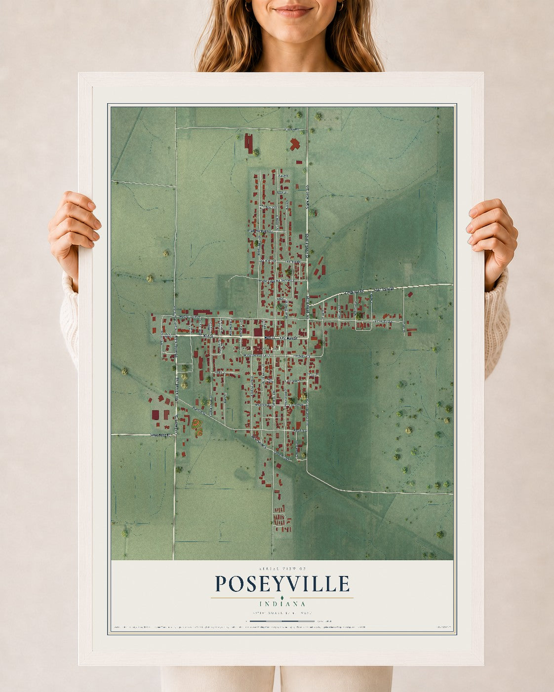 Map of Poseyville, Indiana, 24 x 36 inch print in a white wood frame