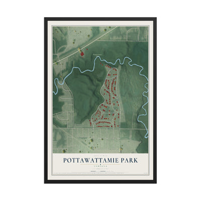 Map of Pottawattamie Park, Indiana, 12 x 18 inch print in a black wood frame