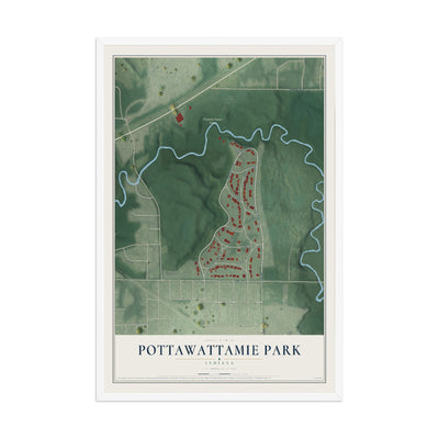 Map of Pottawattamie Park, Indiana, 12 x 18 inch print in a white wood frame