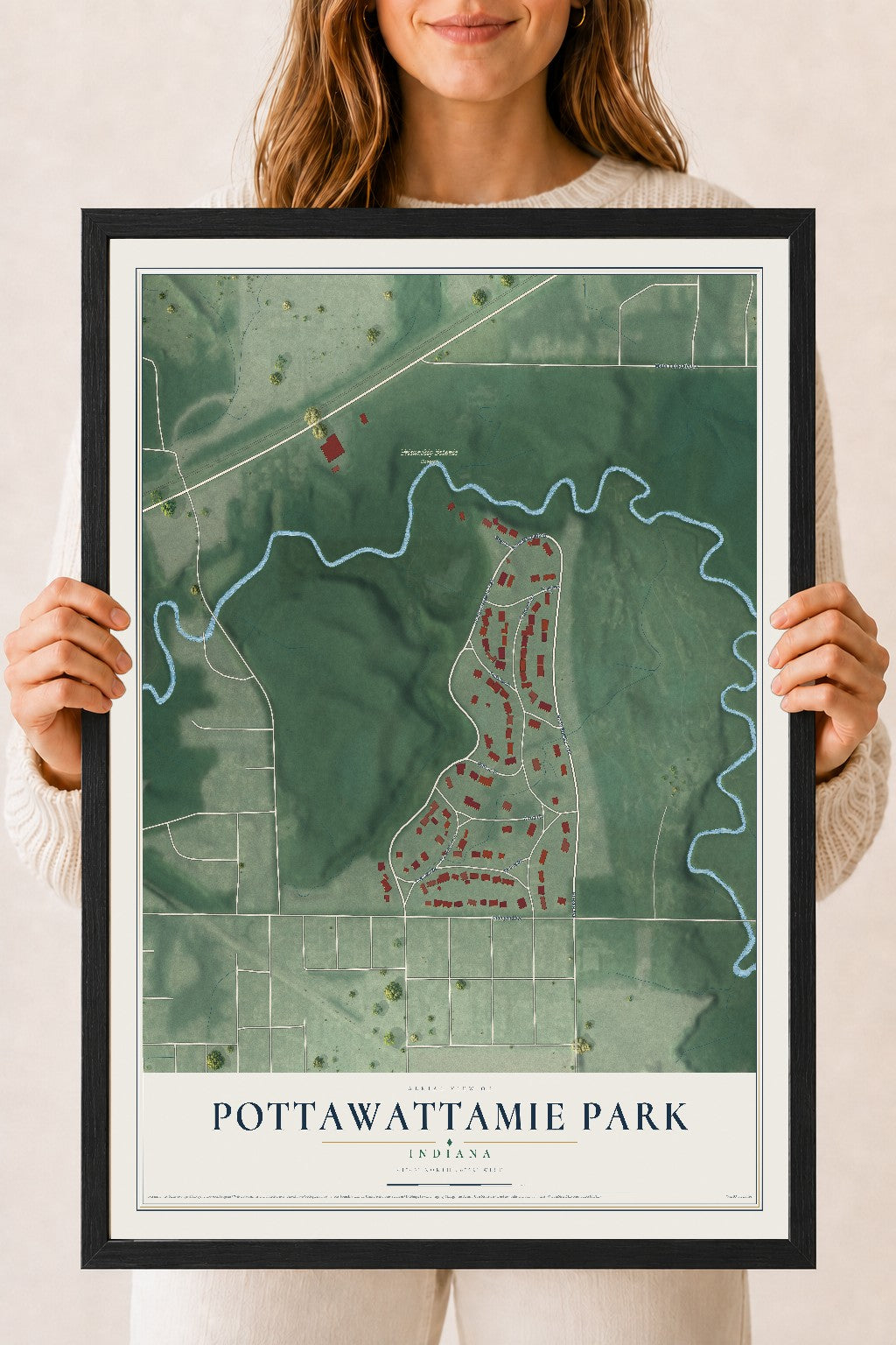 Map of Pottawattamie Park, Indiana, 18 x 24 inch print in a black wood frame