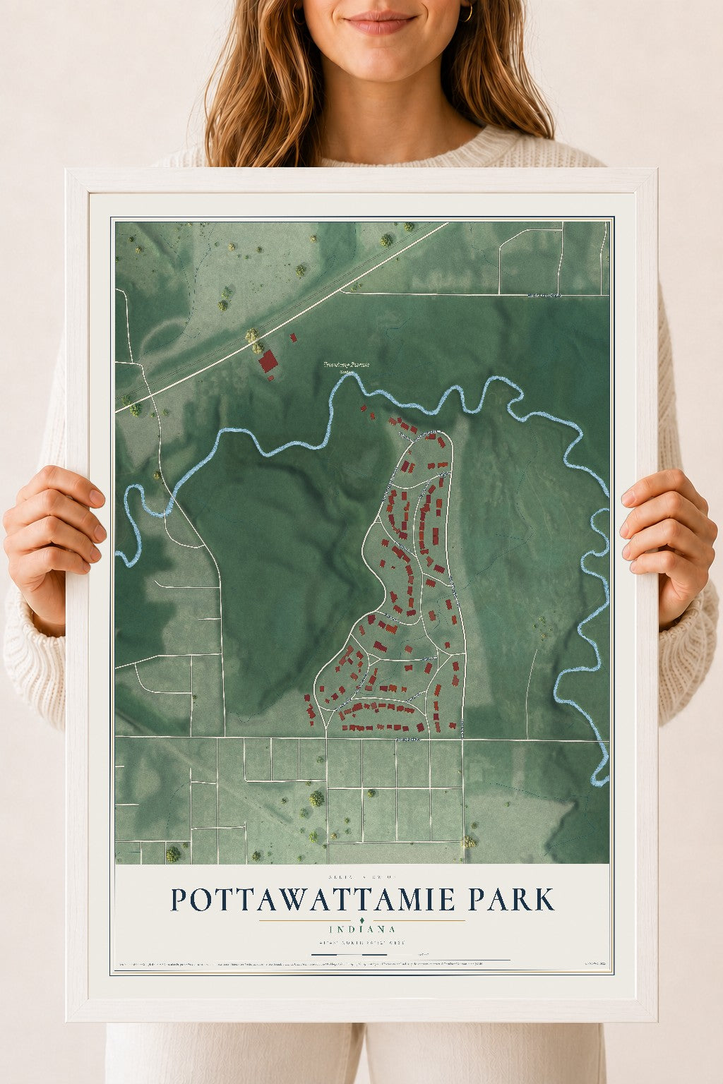 Map of Pottawattamie Park, Indiana, 18 x 24 inch print in a white wood frame
