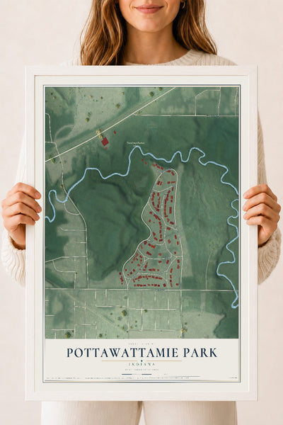 Map of Pottawattamie Park, Indiana, 18 x 24 inch print in a white wood frame