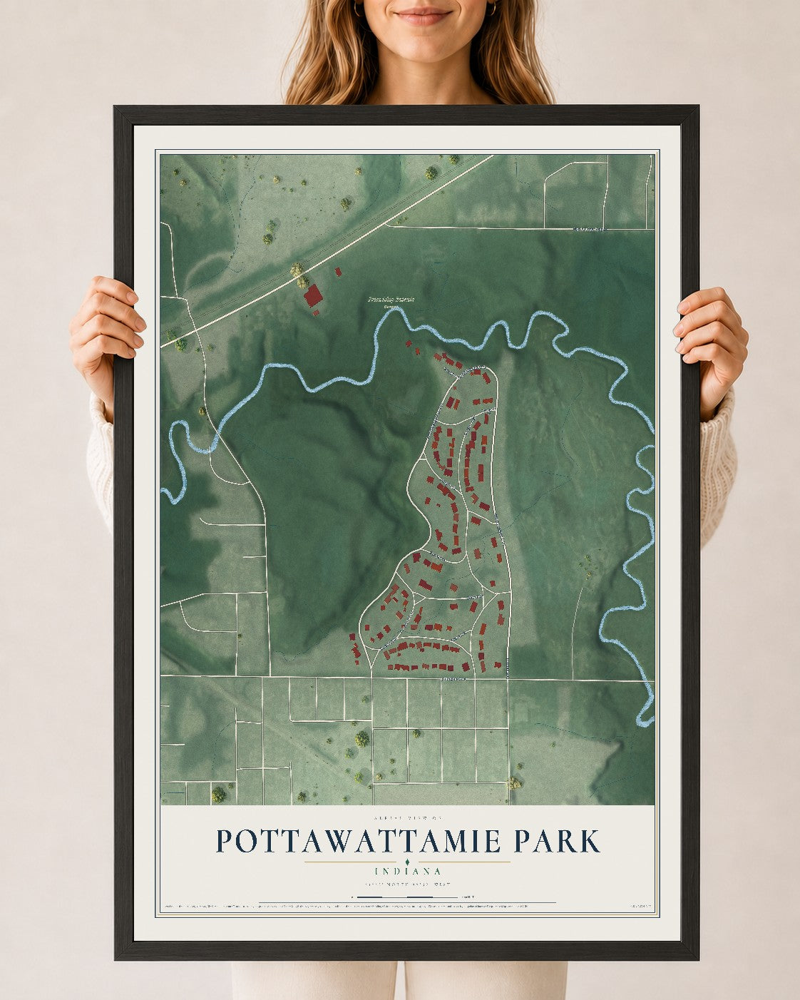 Map of Pottawattamie Park, Indiana, 24 x 36 inch print in a black wood frame