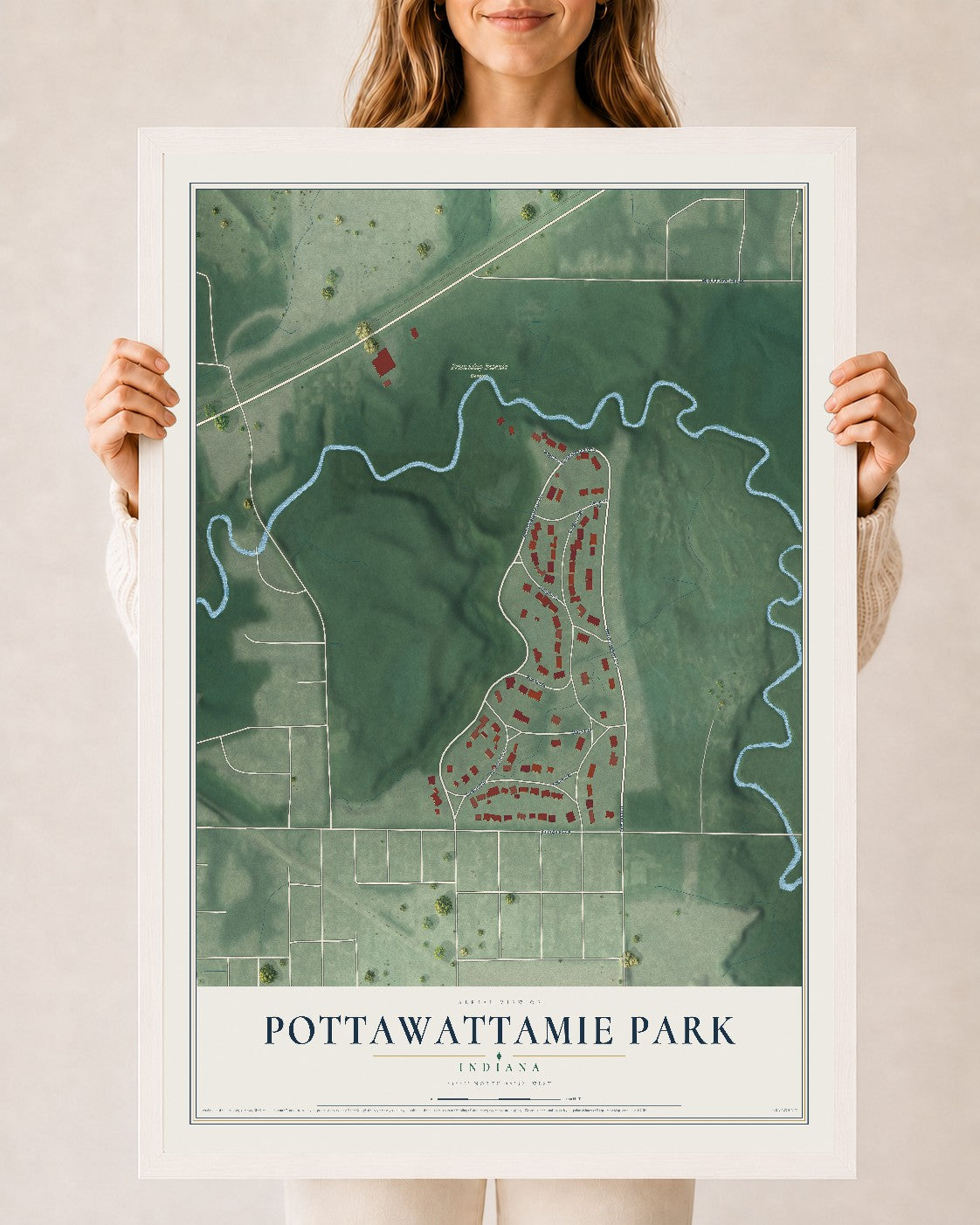 Map of Pottawattamie Park, Indiana, 24 x 36 inch print in a white wood frame