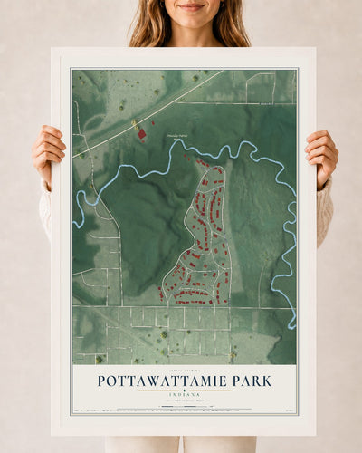 Map of Pottawattamie Park, Indiana, 24 x 36 inch print in a white wood frame