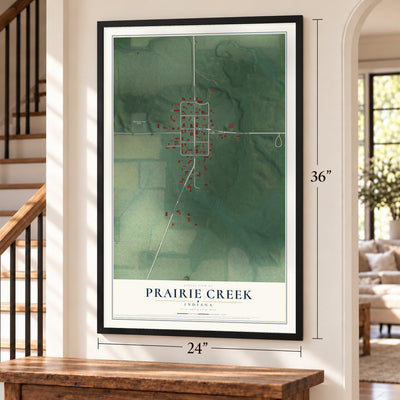 Prairie Creek, Indiana map, 24 x 36 inch print in a black frame by a staircase