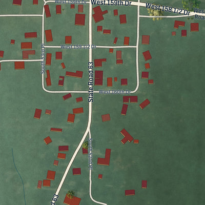 Close-up of the map of Prairie Creek, Indiana print showing street and building detail