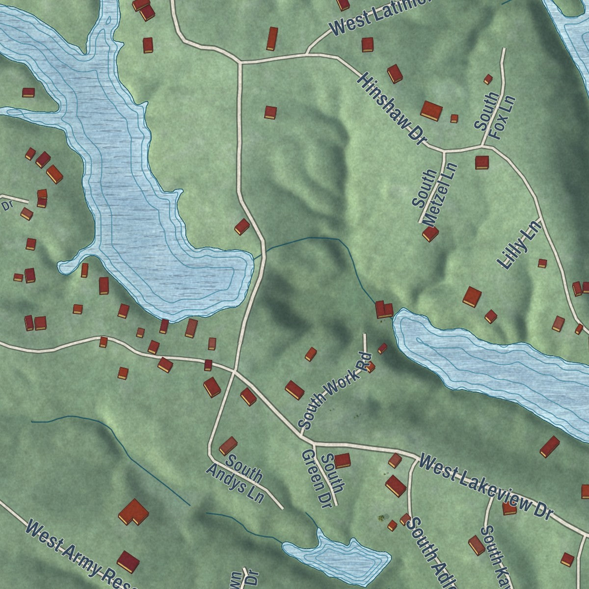 Second close-up of the map of Prince's Lakes, Indiana print showing more streets and buildings