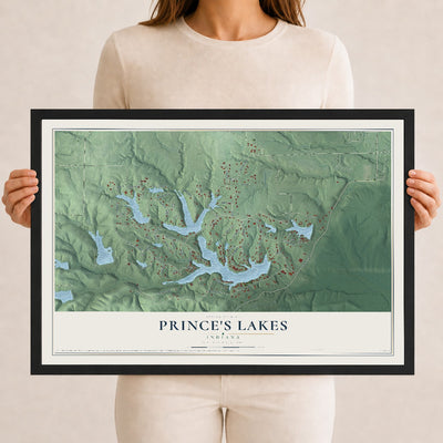 Map of Prince's Lakes, Indiana, 12 x 18 inch print in a black wood frame