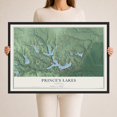 Map of Prince's Lakes, Indiana, 24 x 36 inch print in a black wood frame