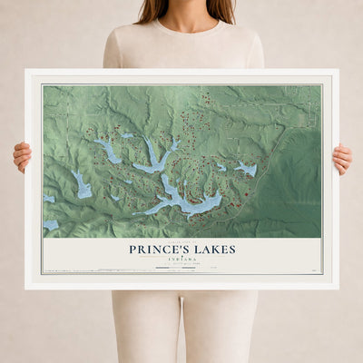 Map of Prince's Lakes, Indiana, 24 x 36 inch print in a white wood frame