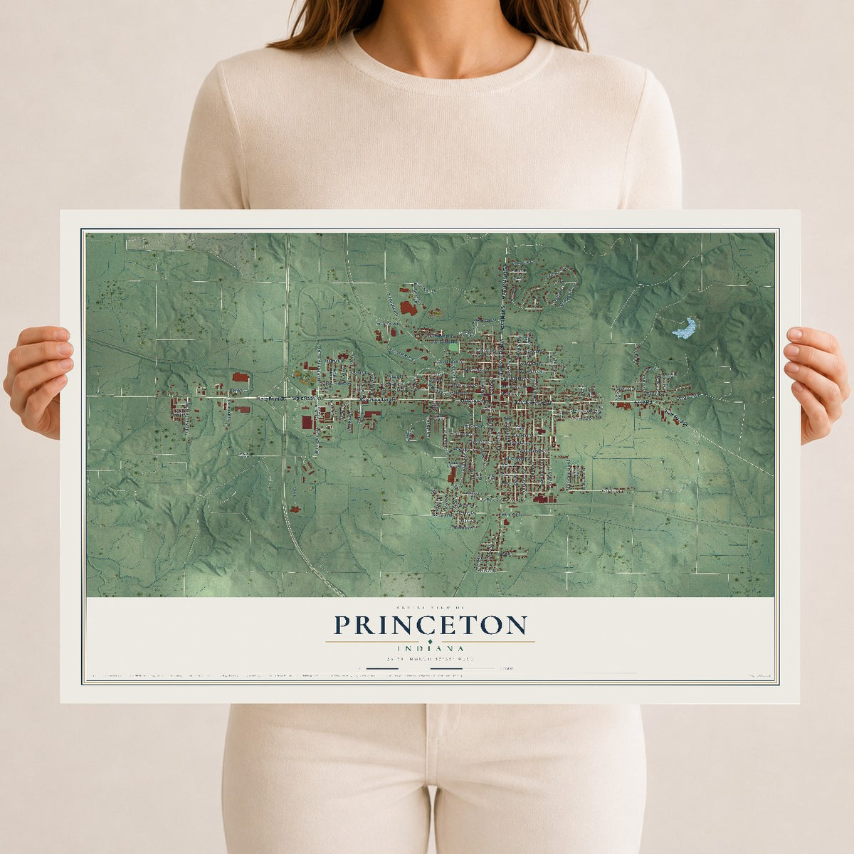 Map of Princeton, Indiana, 12 x 18 inch unframed archival matte print
