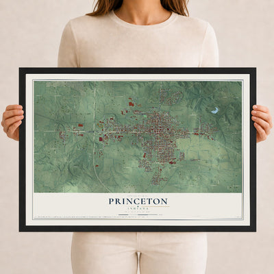 Map of Princeton, Indiana, 12 x 18 inch print in a black wood frame