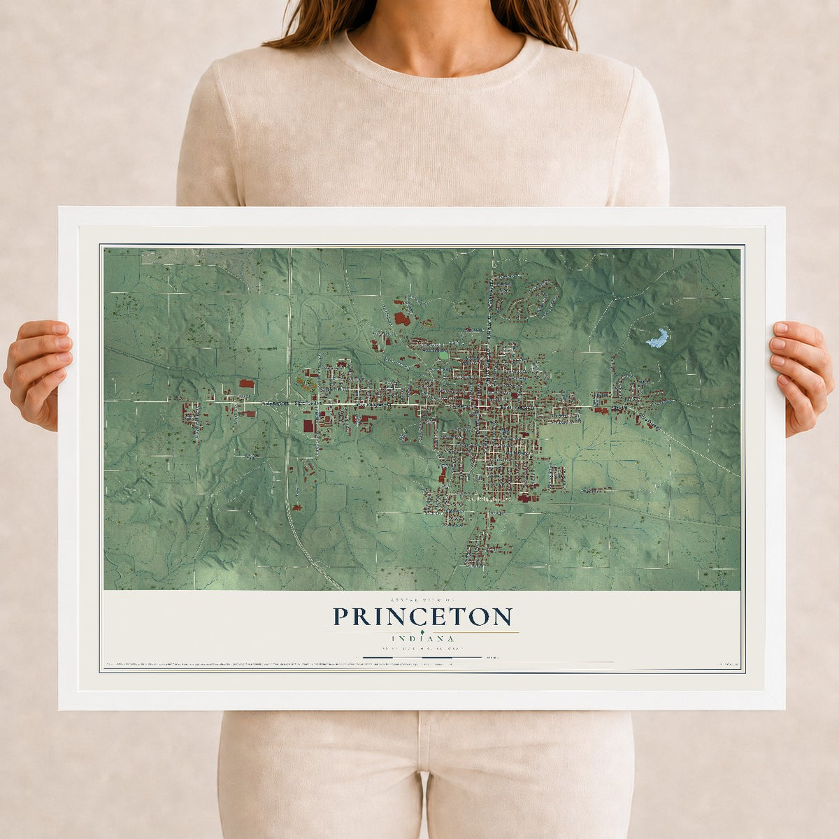 Map of Princeton, Indiana, 12 x 18 inch print in a white wood frame