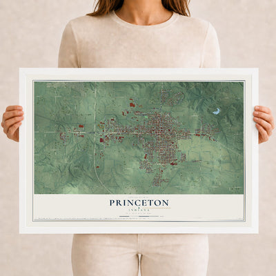 Map of Princeton, Indiana, 12 x 18 inch print in a white wood frame