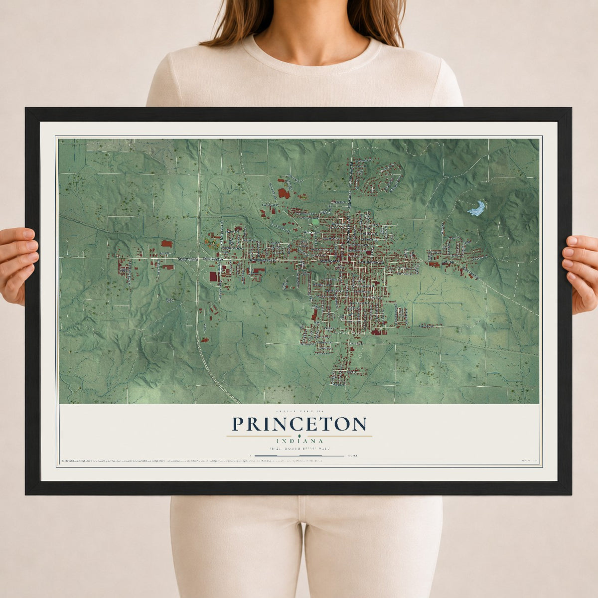 Map of Princeton, Indiana, 18 x 24 inch print in a black wood frame