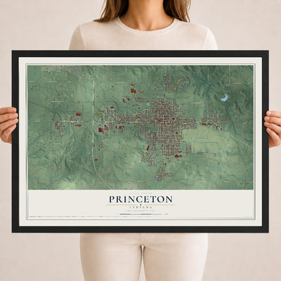 Map of Princeton, Indiana, 18 x 24 inch print in a black wood frame