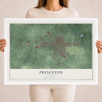 Map of Princeton, Indiana, 18 x 24 inch print in a white wood frame