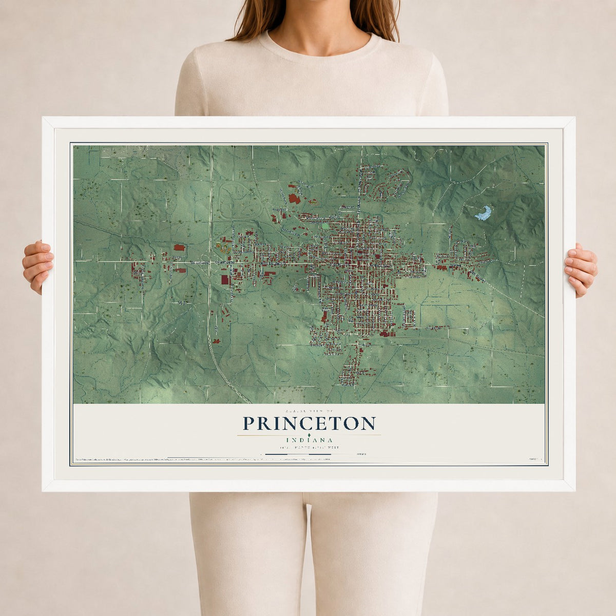 Map of Princeton, Indiana, 24 x 36 inch print in a white wood frame