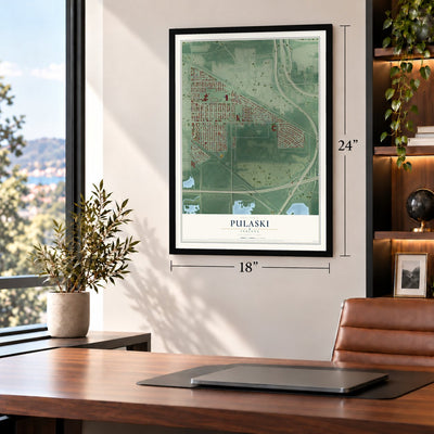 Pulaski, Gary, Indiana map, 18 x 24 inch print in a black frame in a home office